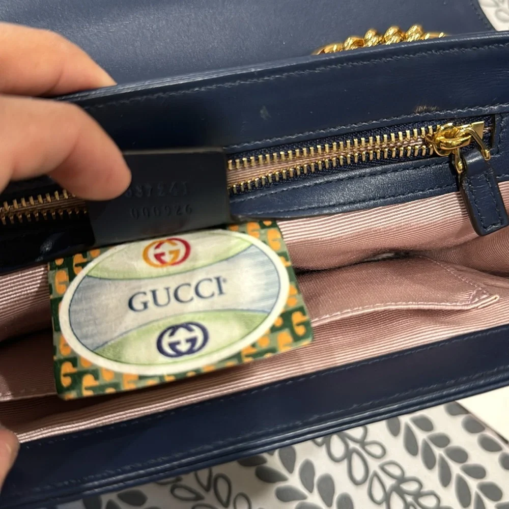 ✨Gucci Rajah Chain Shoulder Bag Leather Medium Blue Handbag Bag - Picture 10 of 16